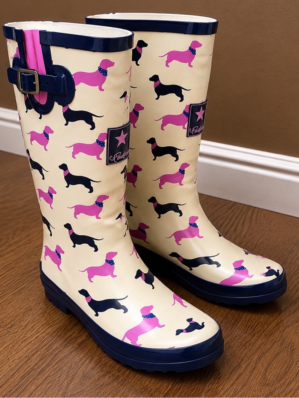 Dachshund Dog Print Rain Boots Womens 10 Cream Pink Rubber Wellington